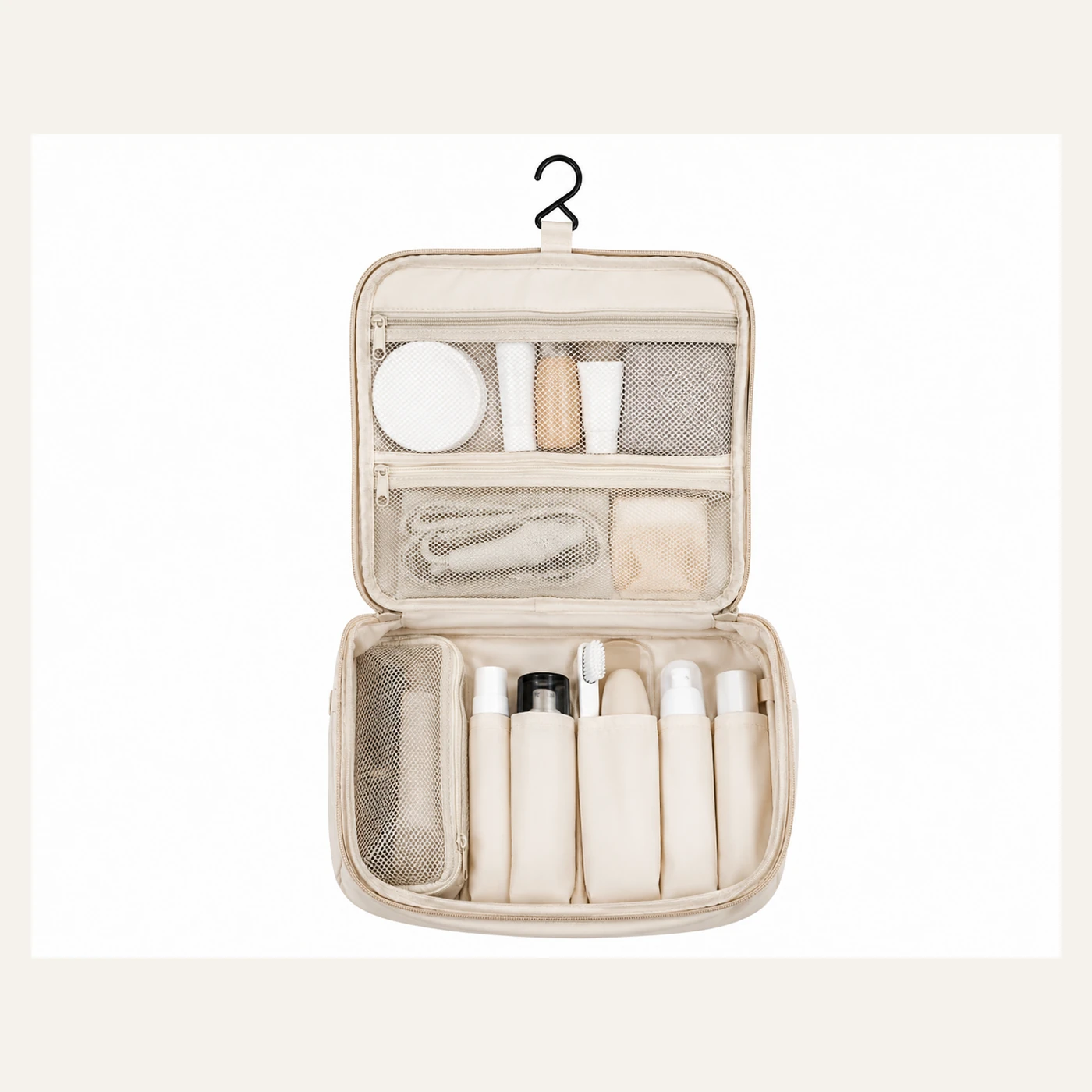 Beige Hanging Toiletry Organizer with Mesh Pockets