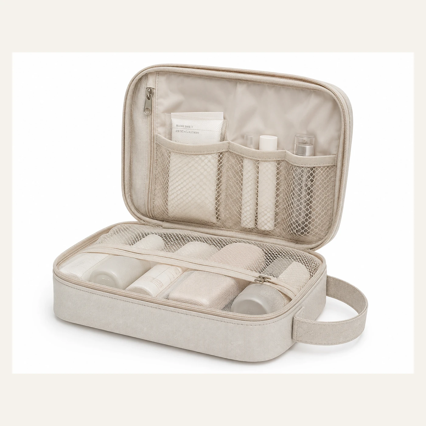 Beige Structured Cosmetic Organizer with Handle
